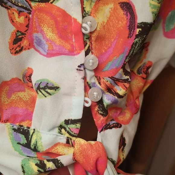 Joie Light Blue Crop Top With Button & Tie Front & Peppers Motif NWT Sz. M - Picture 5 of 11